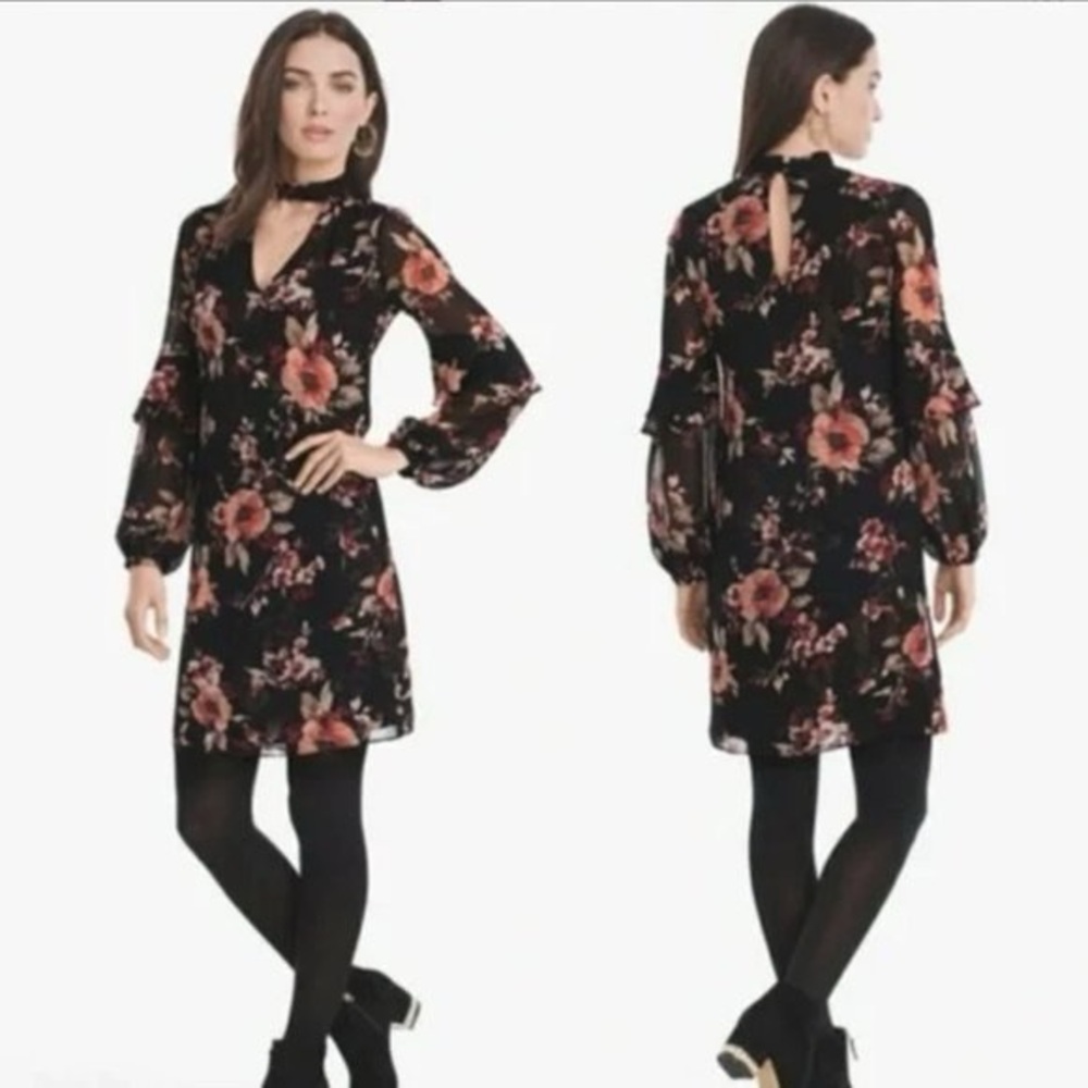 White House Black Market Black Floral Long Sleeve Dress